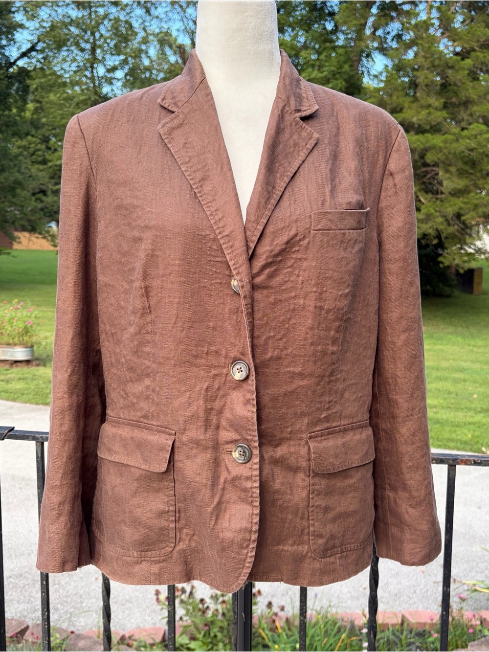 LAUREN Ralph Lauren Brown Blazer Jacket Womens Size 14 100% Linen Quiet Luxury